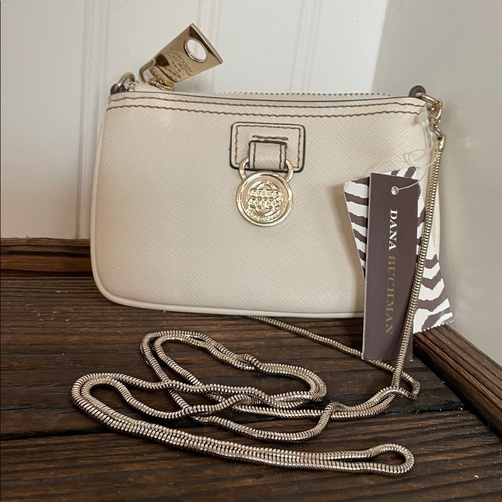 NWT Dana Buchman Ivory Corina Small Leather Crossbody with silver Chain strap